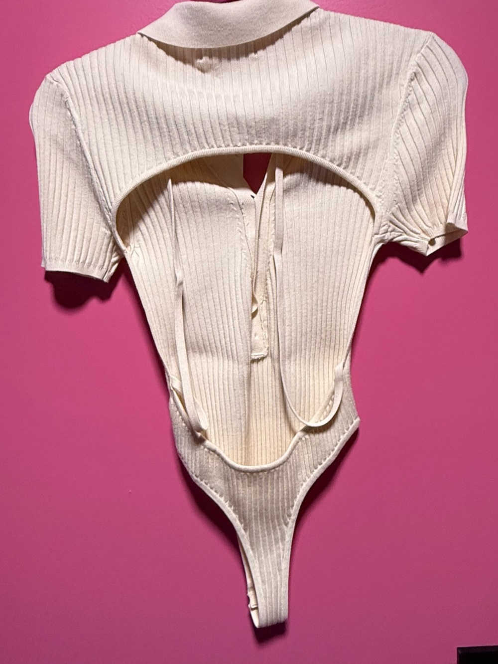 Mistress Rocks Cream Ribbed Polo button front Bodysuit - Picture 7 of 8